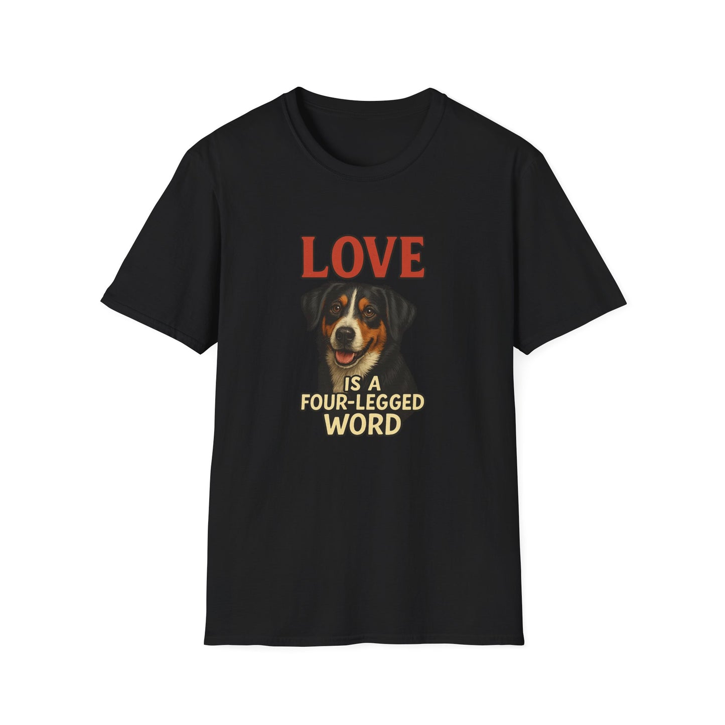 Black t-shirt with colorful text on a white background
