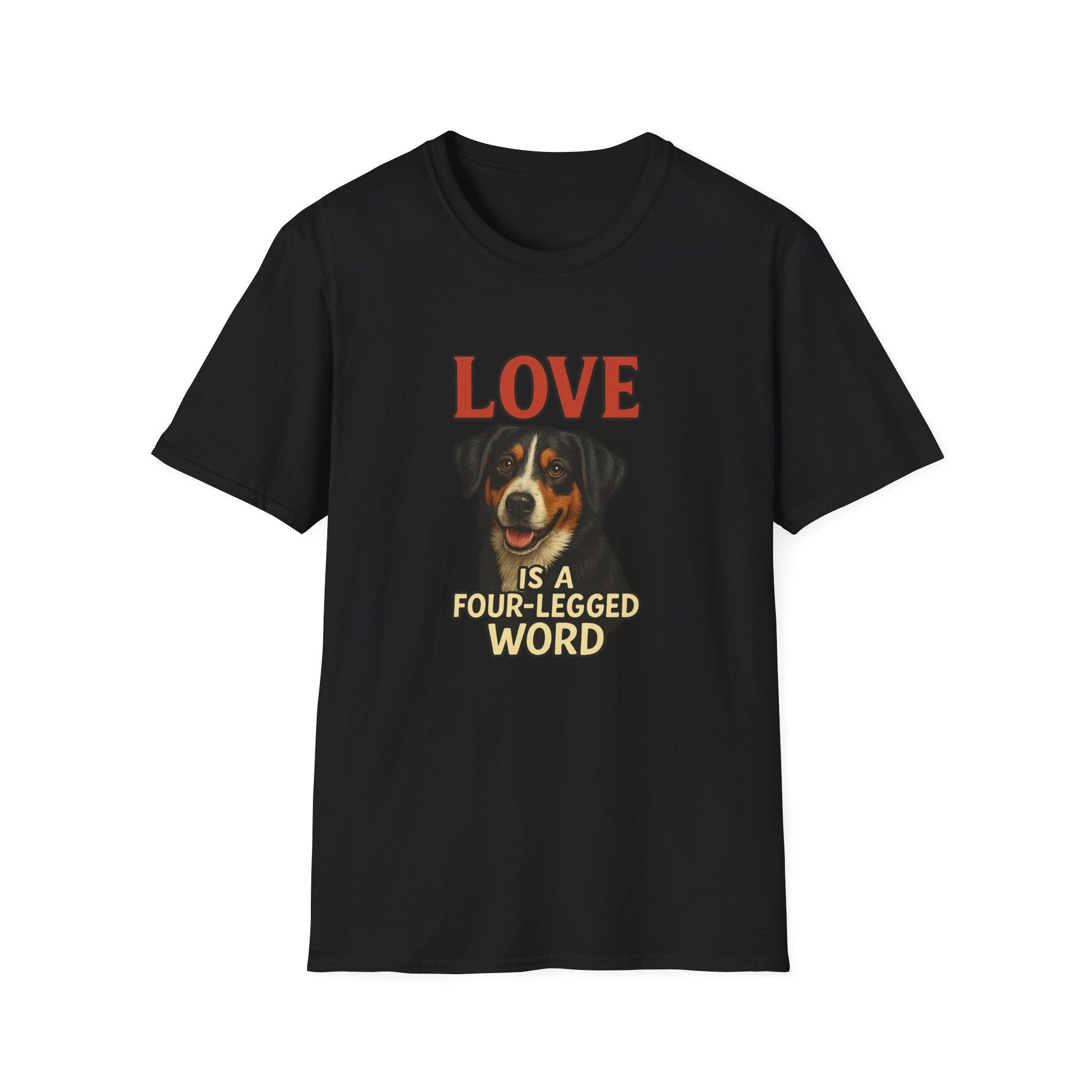 Black t-shirt with colorful text on a white background