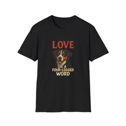 Black t-shirt with colorful text on a white background