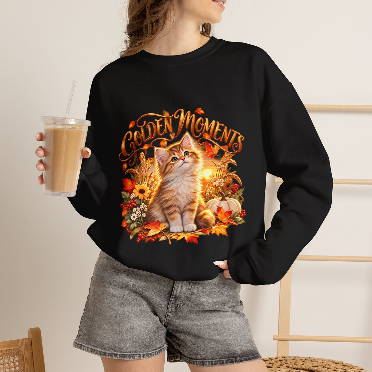 Black Golden Moments fall kitten crewneck sweatshirt with autumn leaves, flowers and pumpkin design
