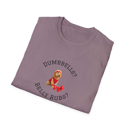 Goldendoodle Dog Lover Workout Tee – “Belly Rubs or Dumbbells?” with cute dog design and humorous text.