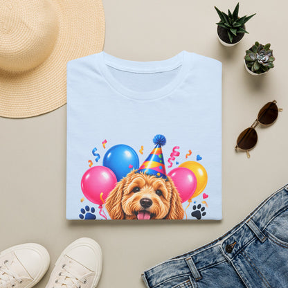 Folded Light blue Birthday Dog T-Shirt with puppy balloons and cupcake design