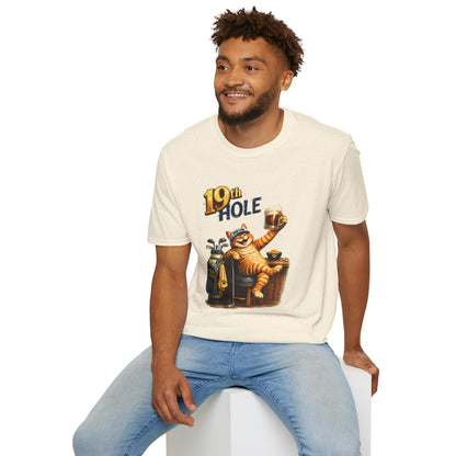 19th Hole funny cat golf T-shirt in natural with orange tabby golfer