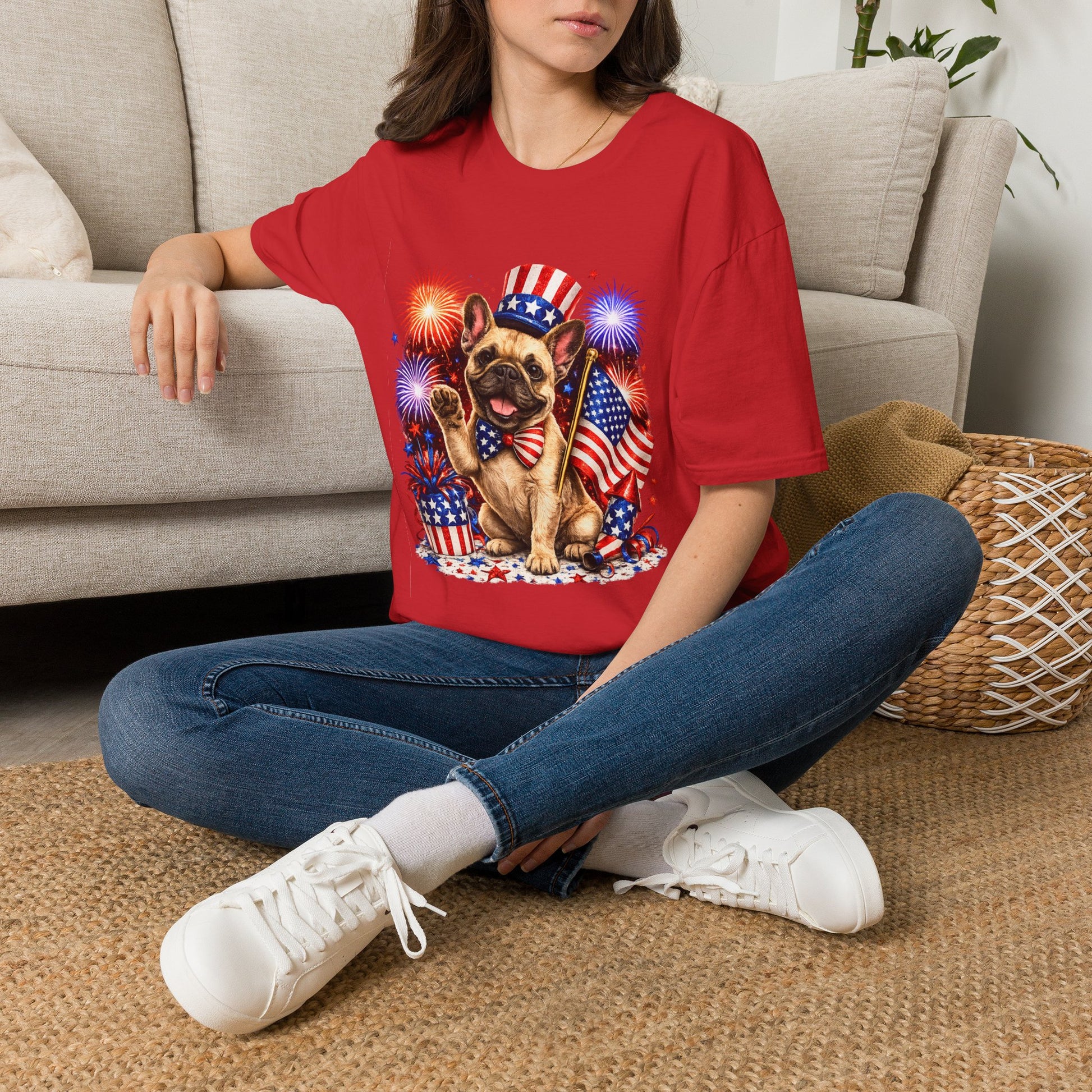 Person wearing a red t-shirt with a dog graphic and American flag design, sitting on a couch.