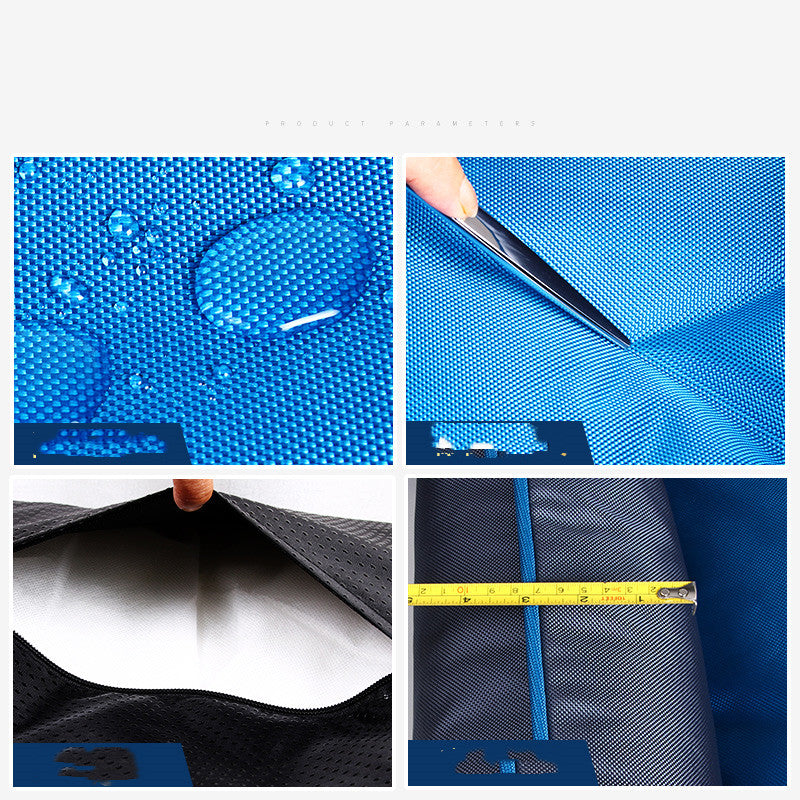 Collage of blue fabric samples with water droplets, scissors cutting fabric, and a measuring tape.