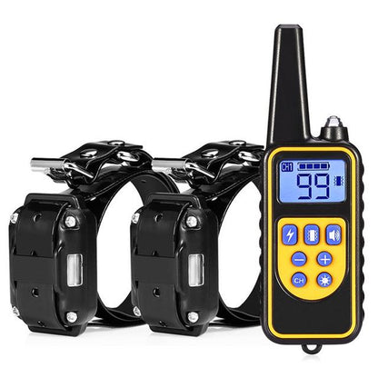 Two dog collars with a remote control on a white background