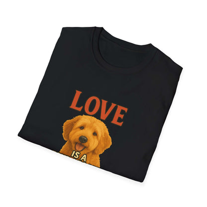Goldendoodle Tee: "Love Is a Four-Legged Word" dog t-shirt for pet lovers, featuring an adorable Goldendoodle pup.