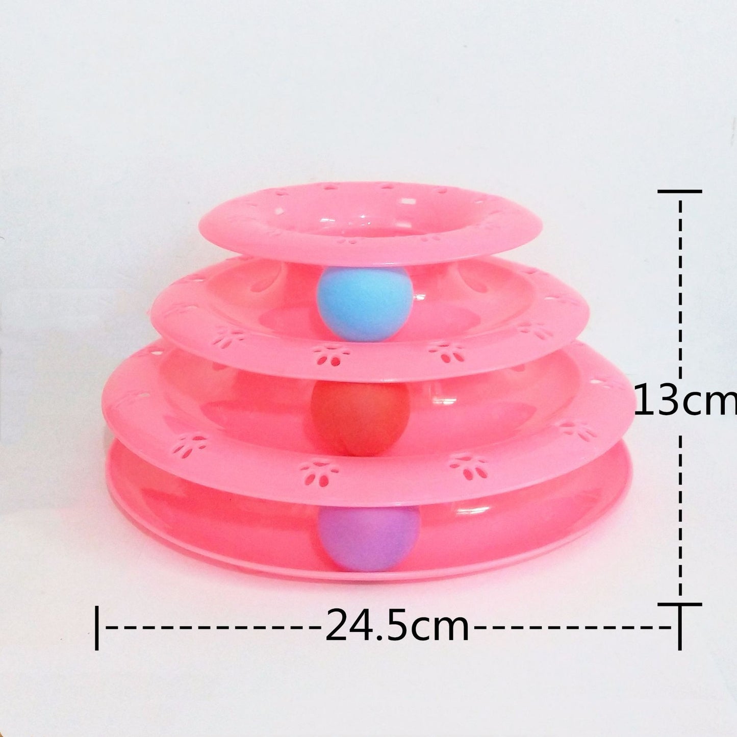 Pink three-tiered pet toy with colorful balls on a white background