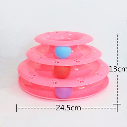 Pink three-tiered pet toy with colorful balls on a white background