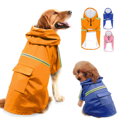 Dog wearing an orange raincoat with smaller dog models in blue and pink raincoats on a white background.