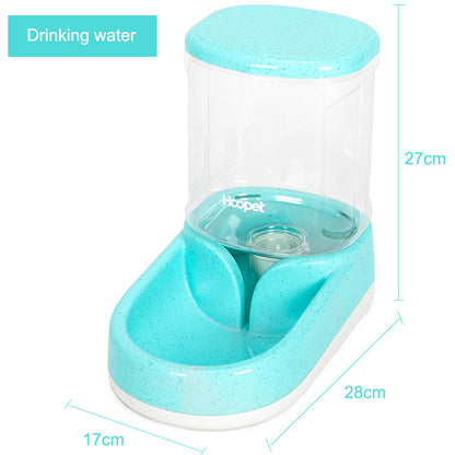 Turquoise pet water fountain with dimensions on a white background