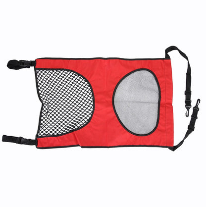 Red pet carrier with mesh sides on a white background