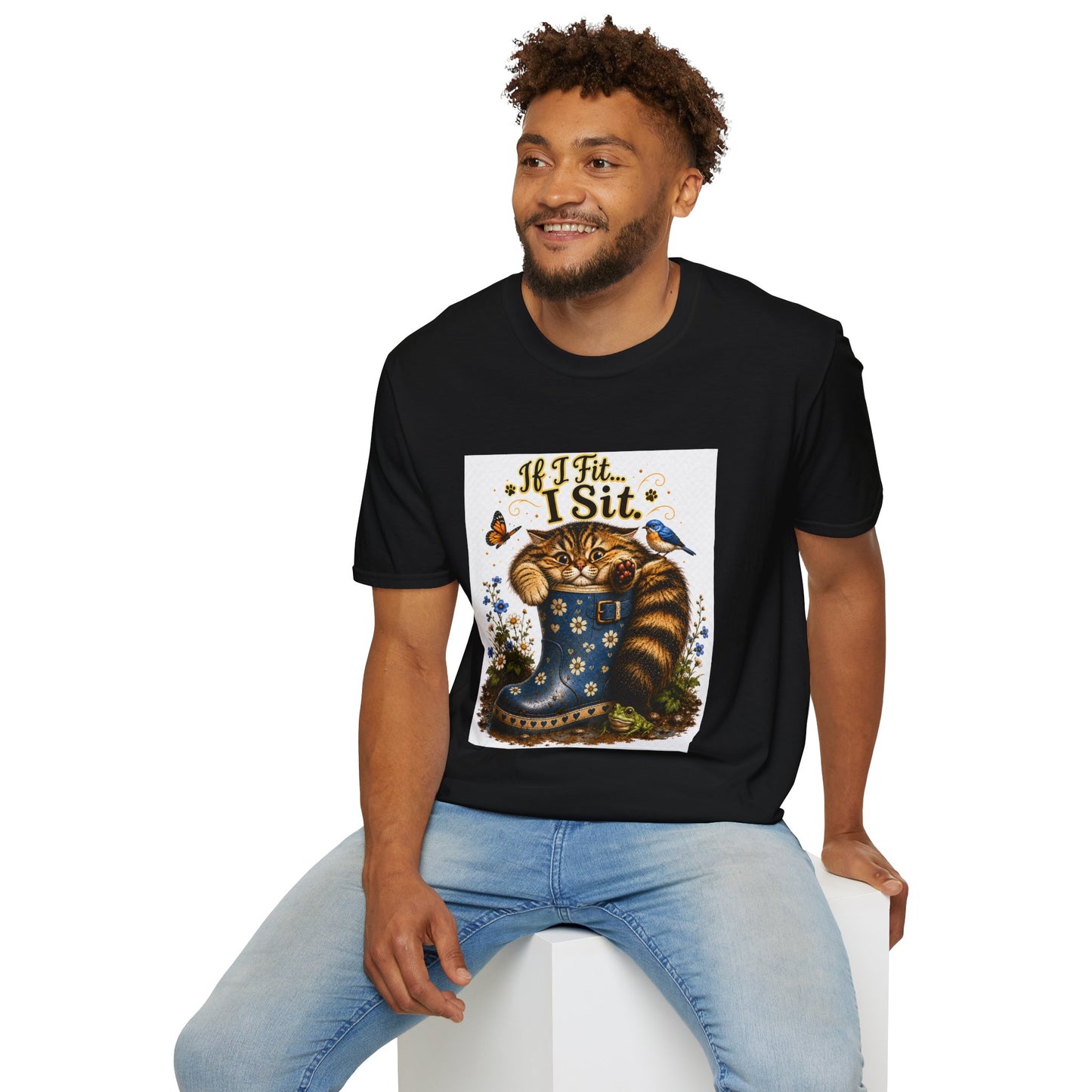 If I Fit... I Sit | Rain Boot Cat Shirt | Funny Gardening Kitty Tee | Cute Cat Lover Gif