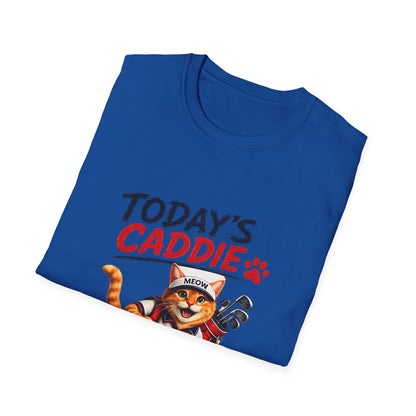 An royal blue short-sleeve crewneck t-shirt featuring a cartoon graphic of an orange tabby cat wearing a cap and holding golf clubs, with the text 'TODAY'S CADDIE' 