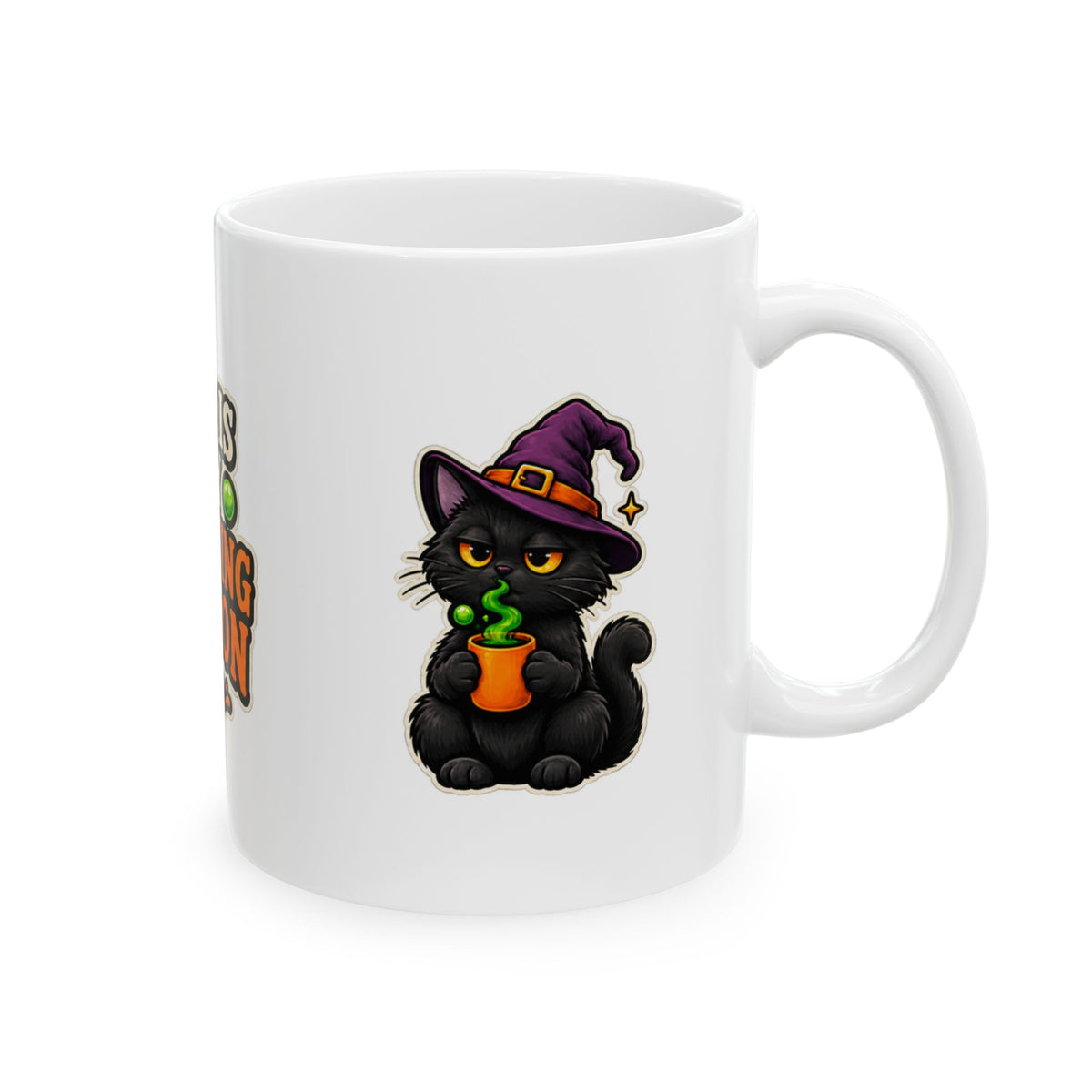 Black cat wearing a purple witch hat on white Halloween coffee mug