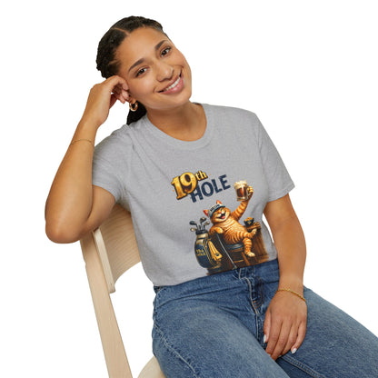 19th Hole funny cat golf T-shirt in sport grey with orange tabby golfer
