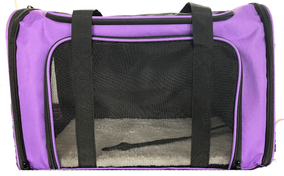 Purple pet carrier with black mesh sides on a white background
