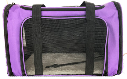 Purple pet carrier with black mesh sides on a white background