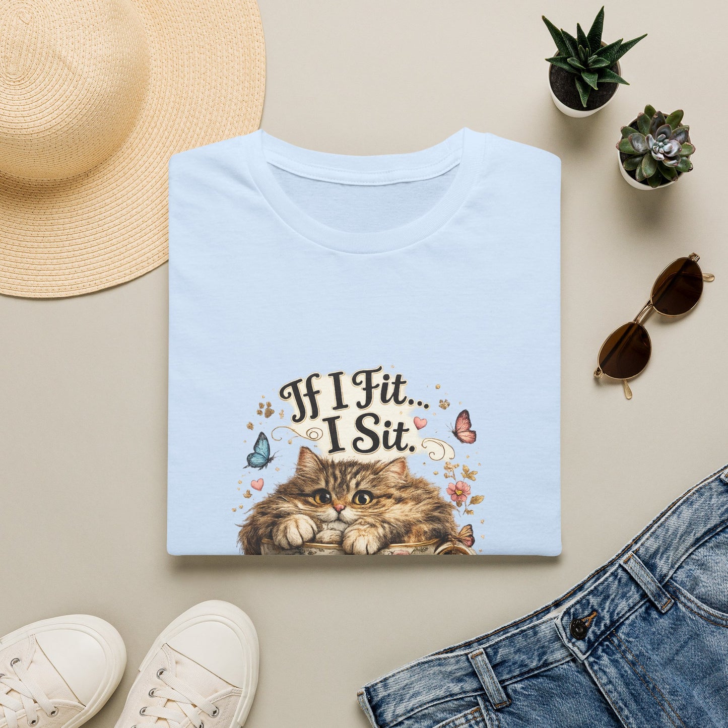 If I Fit... I Sit.™ Coffee Cup Cat Shirt | Funny Coffee Lover Kitty Tee | Cute Cat Lover Gift