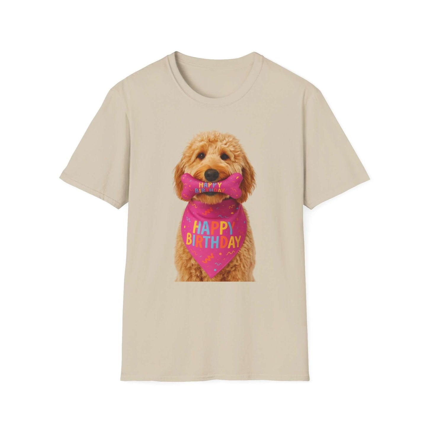 Birthday Dog T-Shirt featuring a cute dog in a party bandana, perfect for pet supplies and festive celebrations.