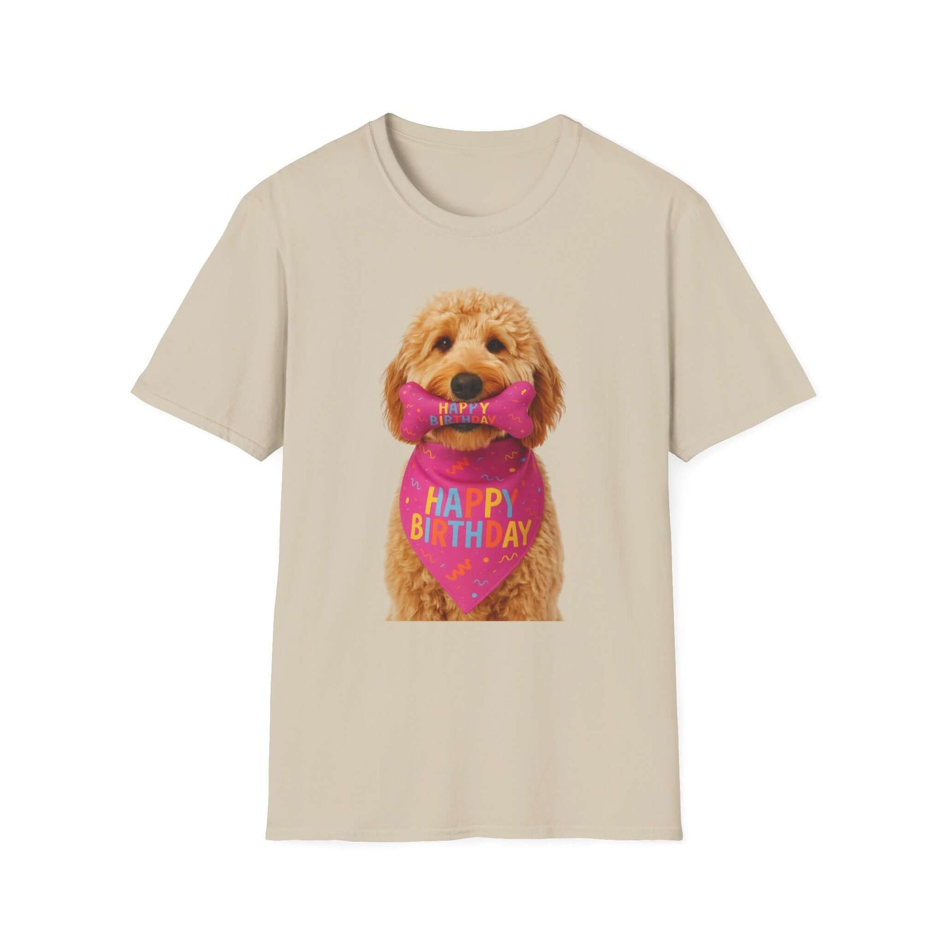 Birthday Dog T-Shirt featuring a cute dog in a party bandana, perfect for pet supplies and festive celebrations.