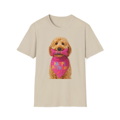 Birthday Dog T-Shirt featuring a cute dog in a party bandana, perfect for pet supplies and festive celebrations.
