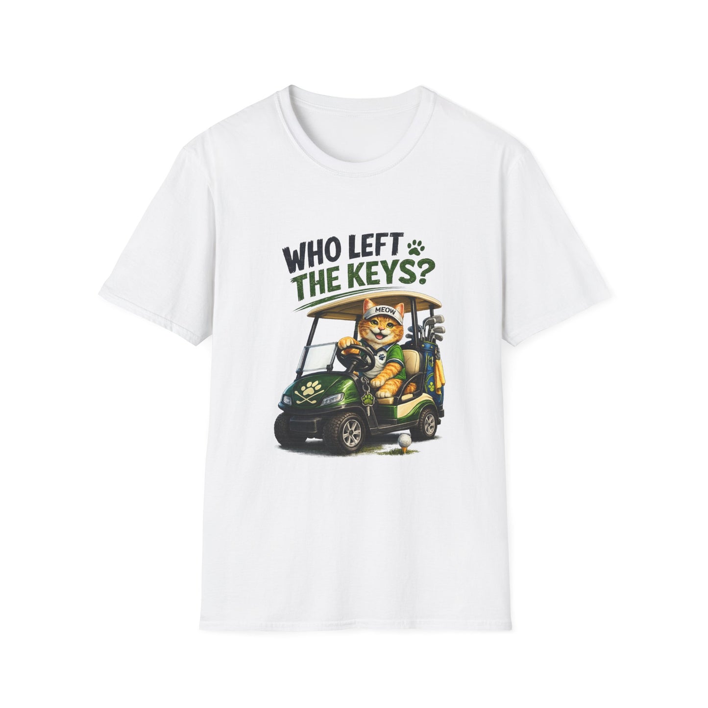 A white short-sleeve crewneck t-shirt featuring a cartoon graphic of a cat driving a green golf cart with the text 'WHO LEFT THE KEYS?' printed above it, displayed on a clean white background.