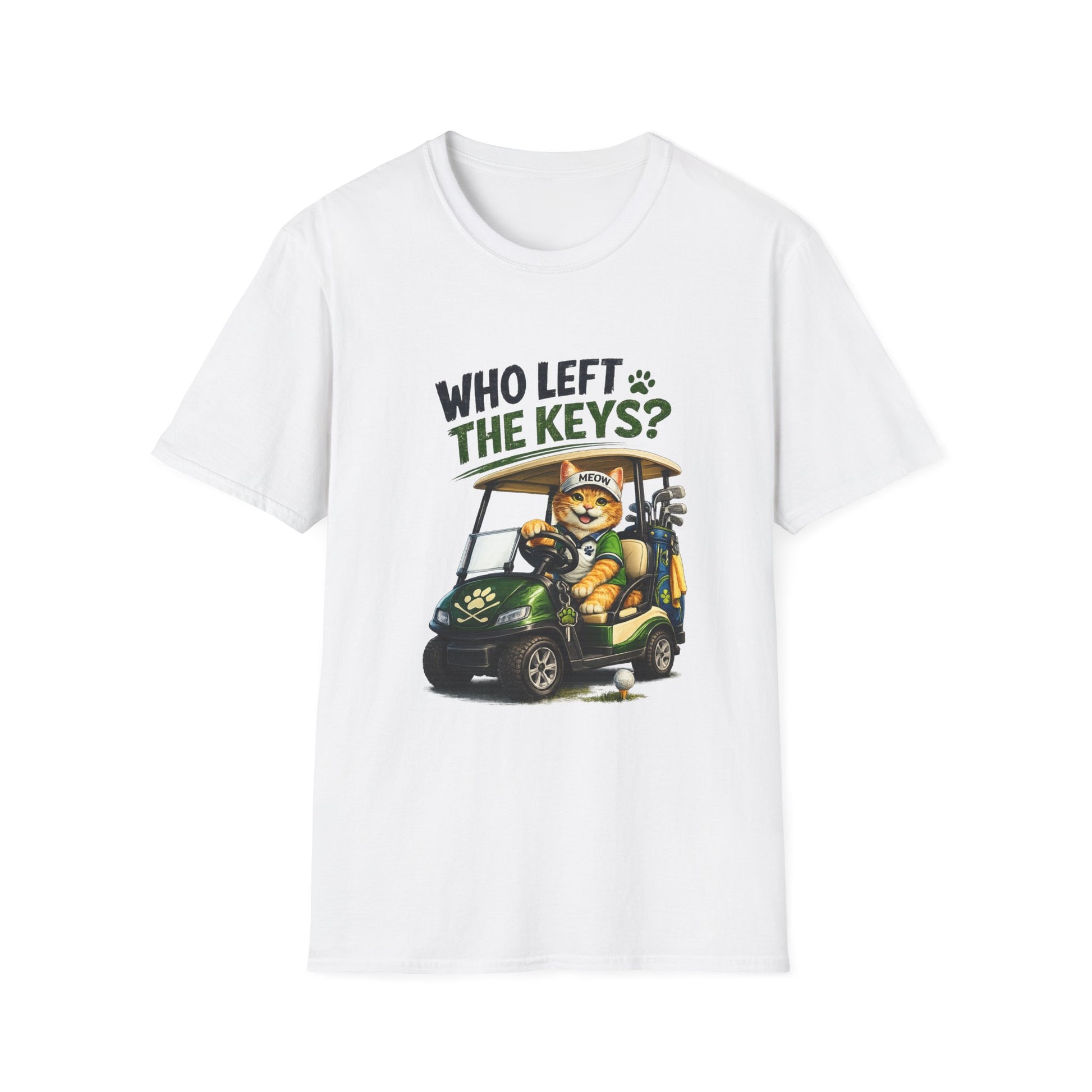 A white short-sleeve crewneck t-shirt featuring a cartoon graphic of a cat driving a green golf cart with the text 'WHO LEFT THE KEYS?' printed above it, displayed on a clean white background.