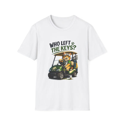 A white short-sleeve crewneck t-shirt featuring a cartoon graphic of a cat driving a green golf cart with the text 'WHO LEFT THE KEYS?' printed above it, displayed on a clean white background.