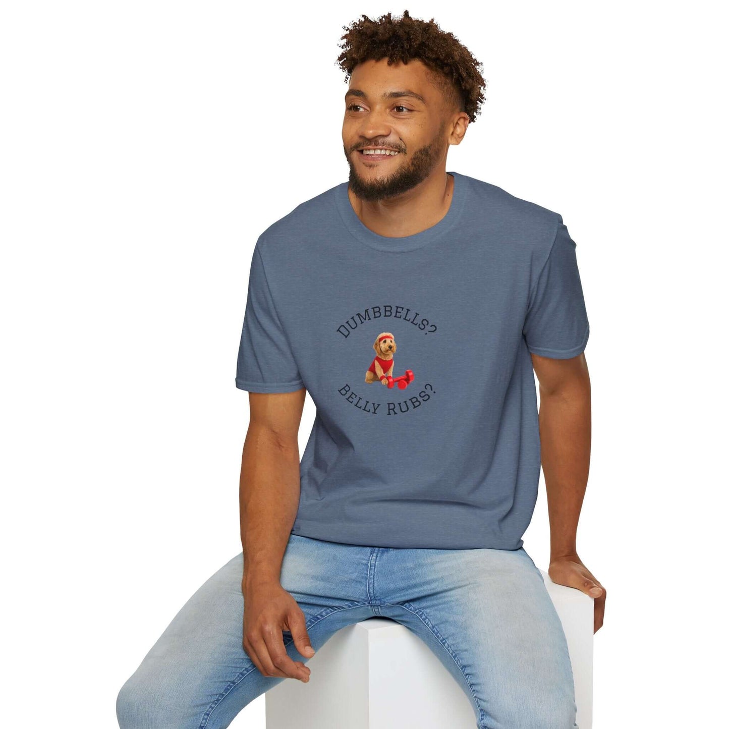 Man wearing Goldendoodle Dog Lover Workout Tee – “Belly Rubs or Dumbbells?”, perfect for pet lovers.
