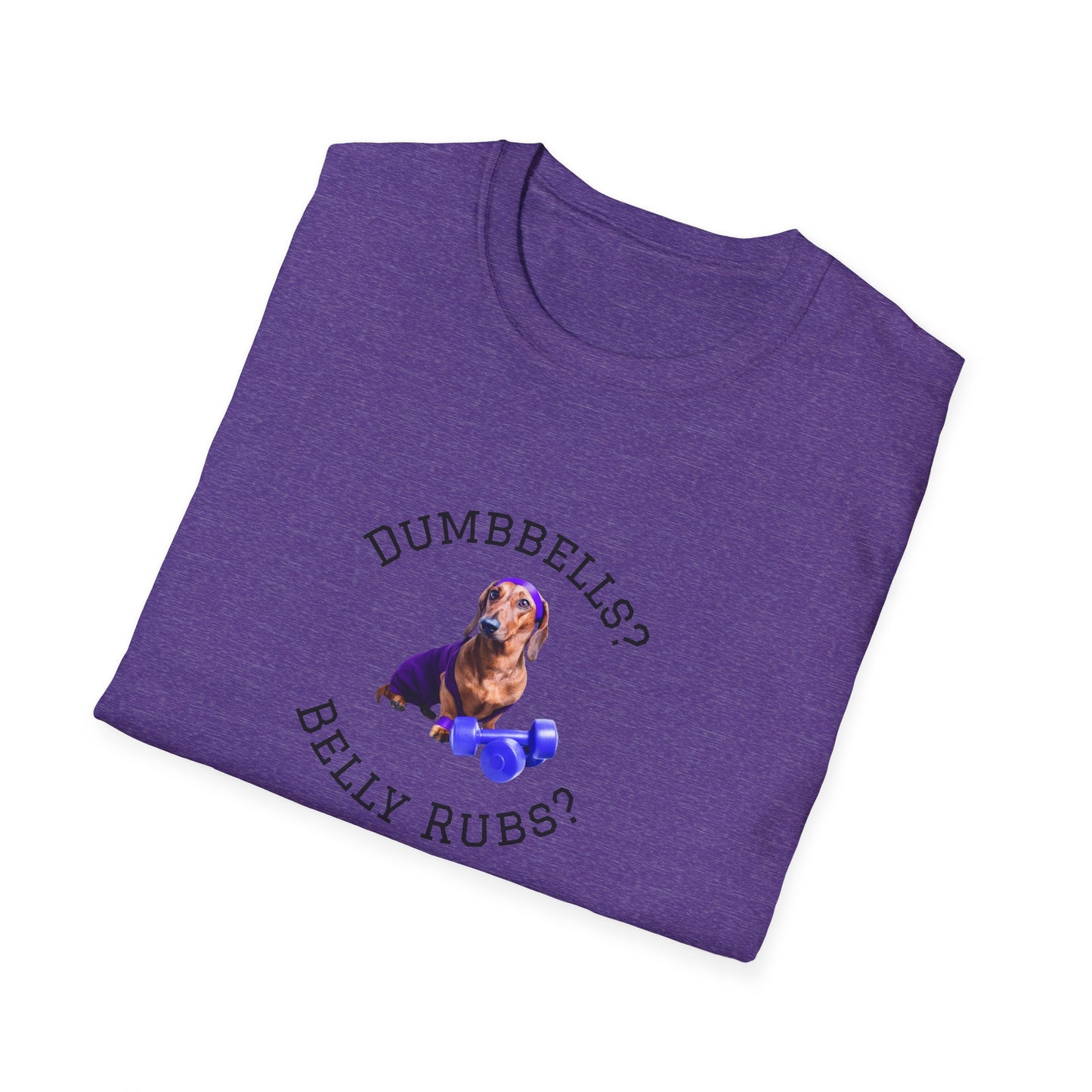 Folded purple t-shirt with a dachshund graphic and text on a white background