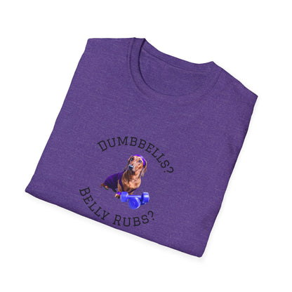 Folded purple t-shirt with a dachshund graphic and text on a white background