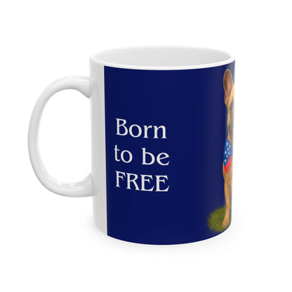 Mug with 'Born to be FREE' text and a flag design on a blue background
