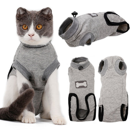 Cat wearing a gray sweater with additional views of the sweater on a white background