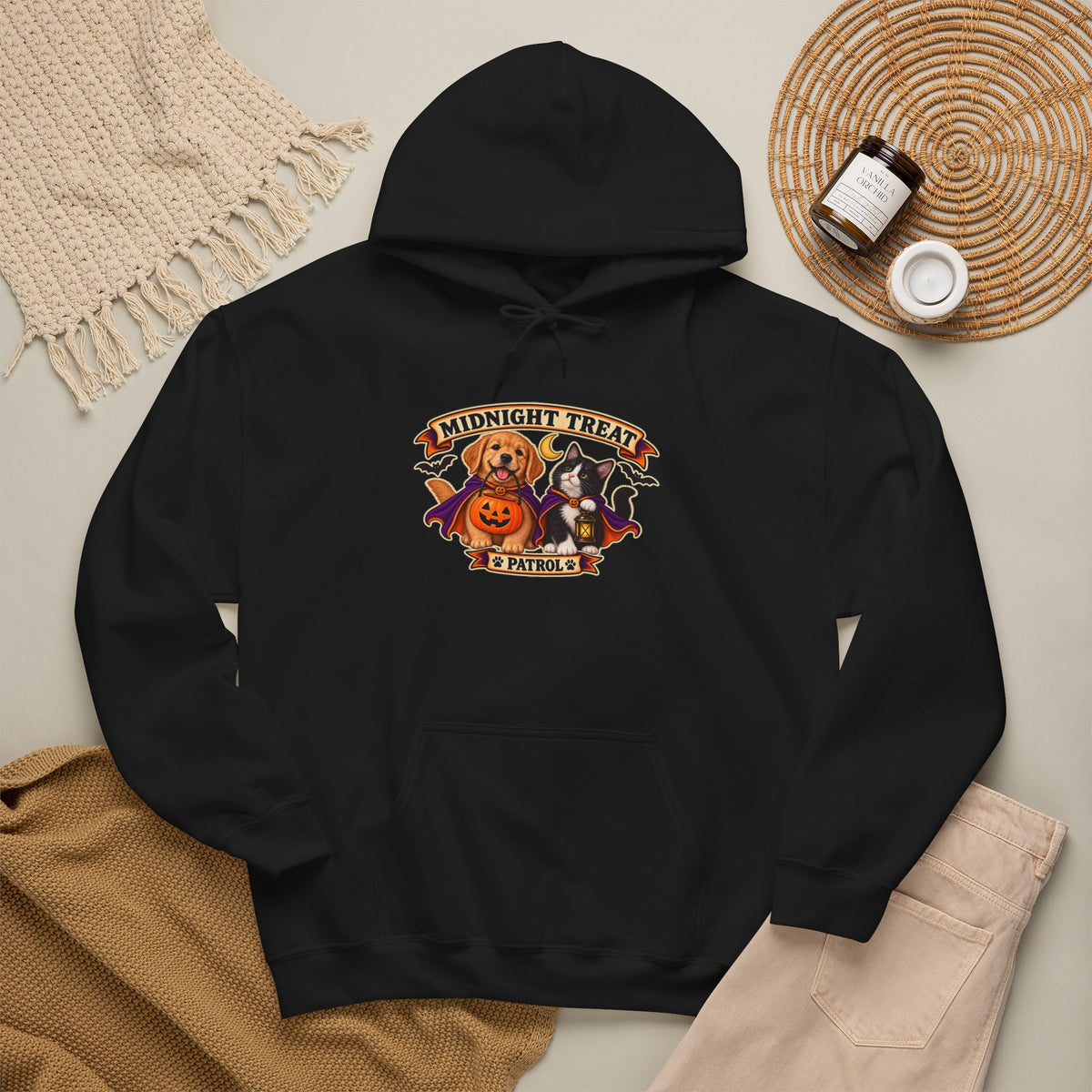 Midnight Treat Patrol Halloween puppy and kitten hoodie in black