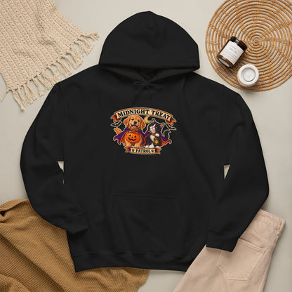 Midnight Treat Patrol Halloween puppy and kitten hoodie in black