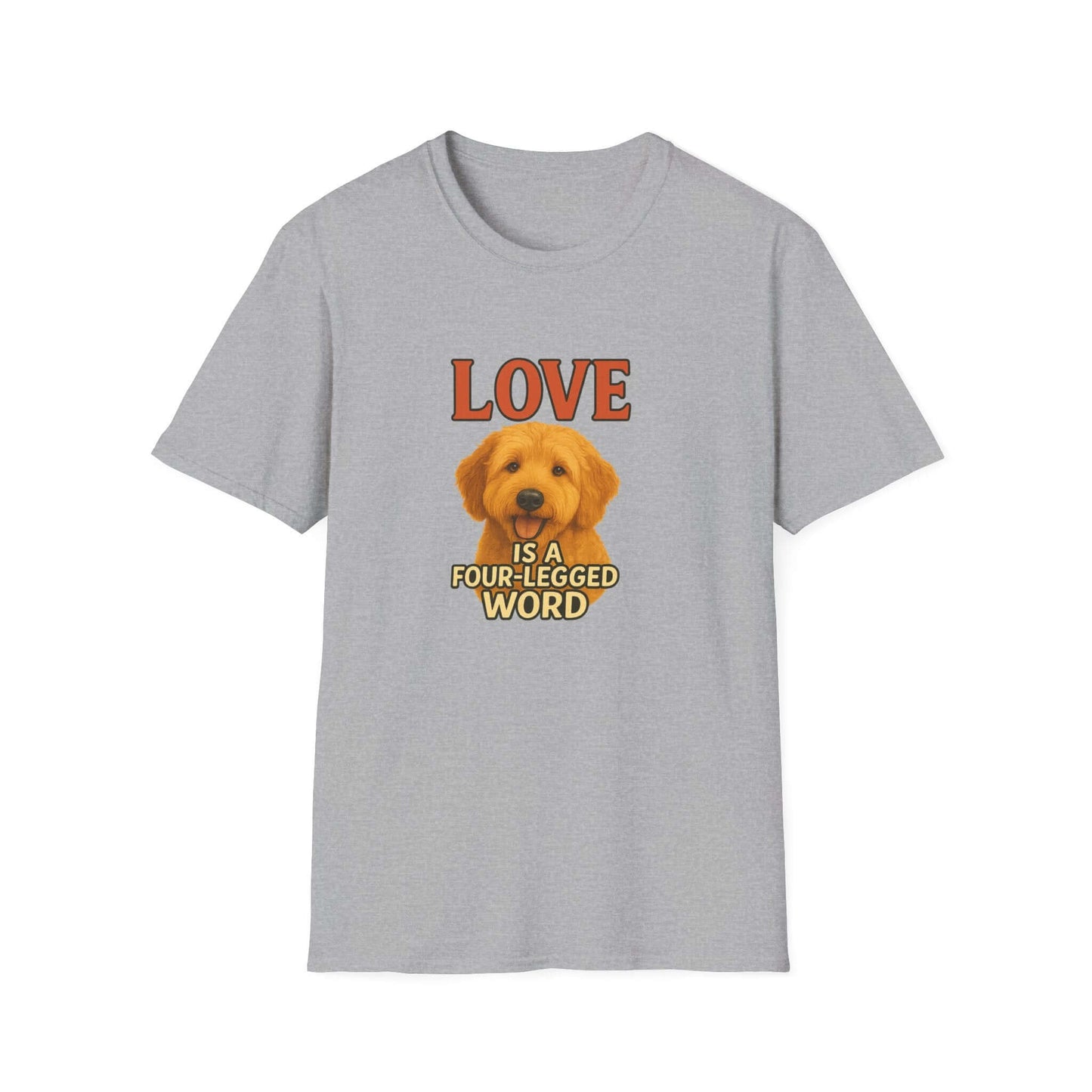 Goldendoodle Tee: "Love Is a Four-Legged Word" shirt for dog lovers, perfect pet accessories.