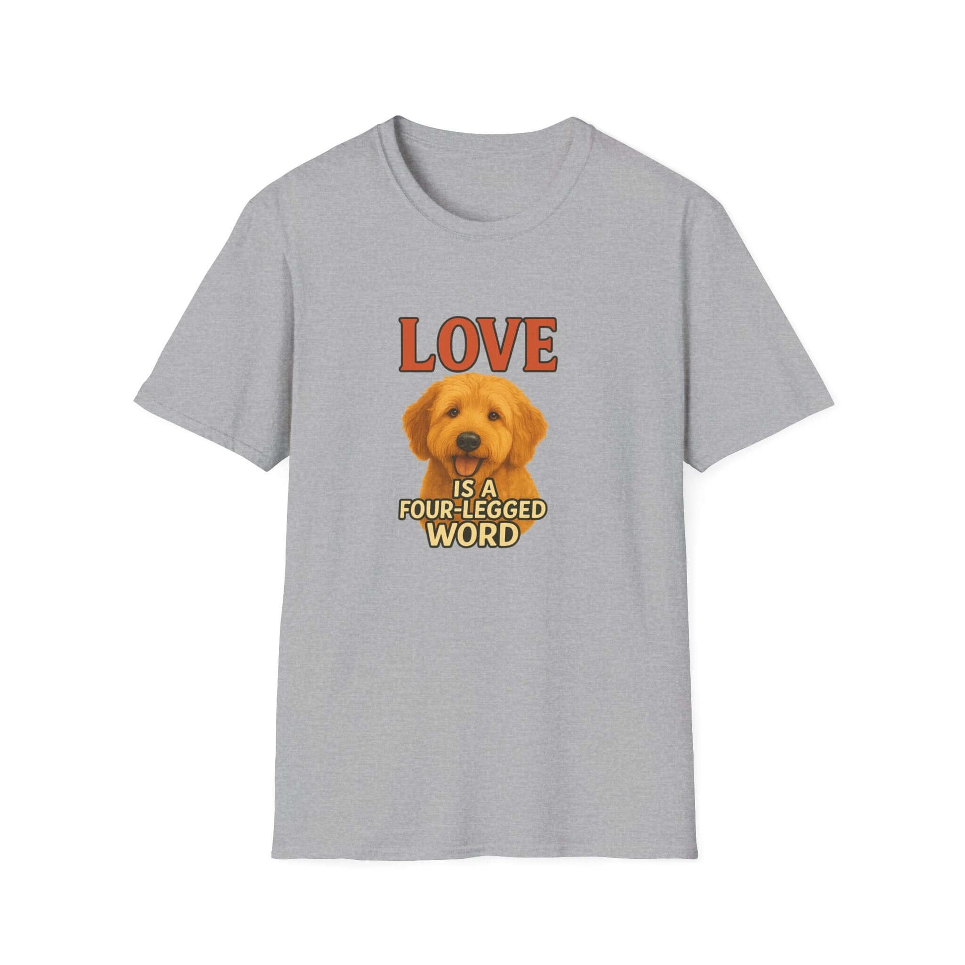 Goldendoodle Tee: "Love Is a Four-Legged Word" shirt for dog lovers, perfect pet accessories.