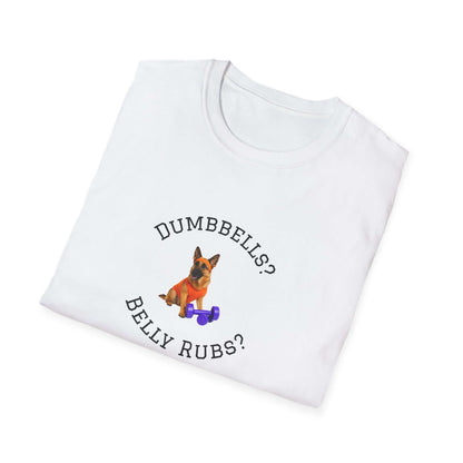 German Shepard Dog Lover Workout Tee –“Belly Rubs or Dumbbells?” featuring a cute dog and dumbbell design.