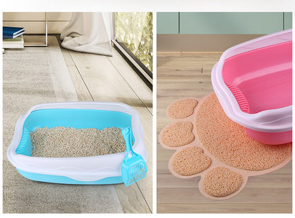 Collage of a portable cat litter box and a paw-shaped mat on a wooden floor.