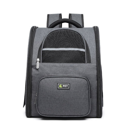 Gray pet backpack with a visible brand logo on a white background