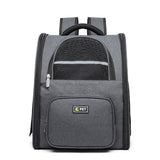 Gray pet backpack with a visible brand logo on a white background