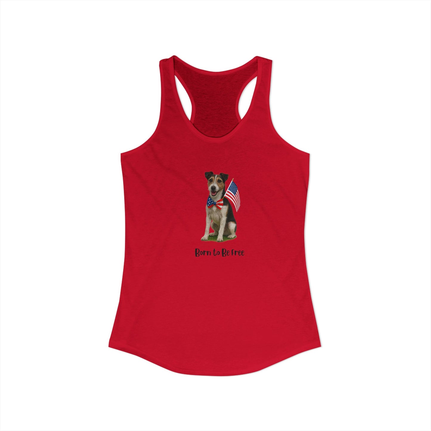 Red tank top with a dog graphic and 'Born to be Free' text on a white background