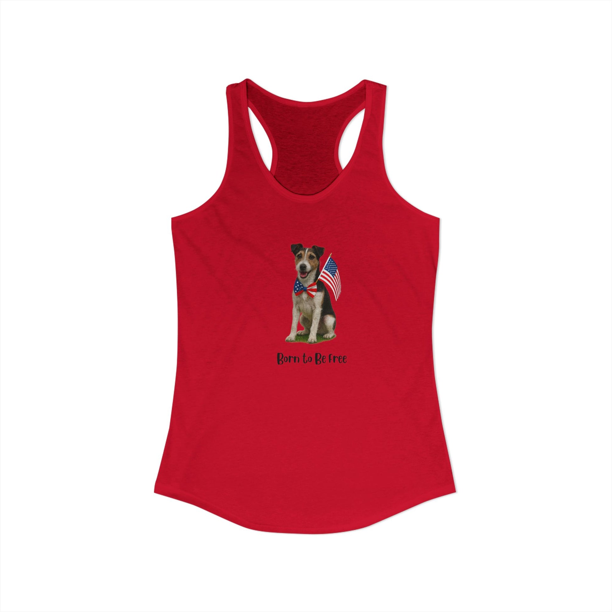 Red tank top with a dog graphic and 'Born to be Free' text on a white background