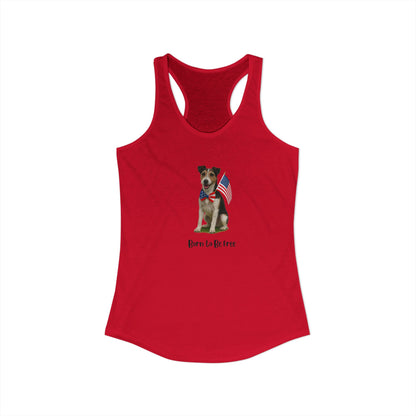 Red tank top with a dog graphic and 'Born to be Free' text on a white background