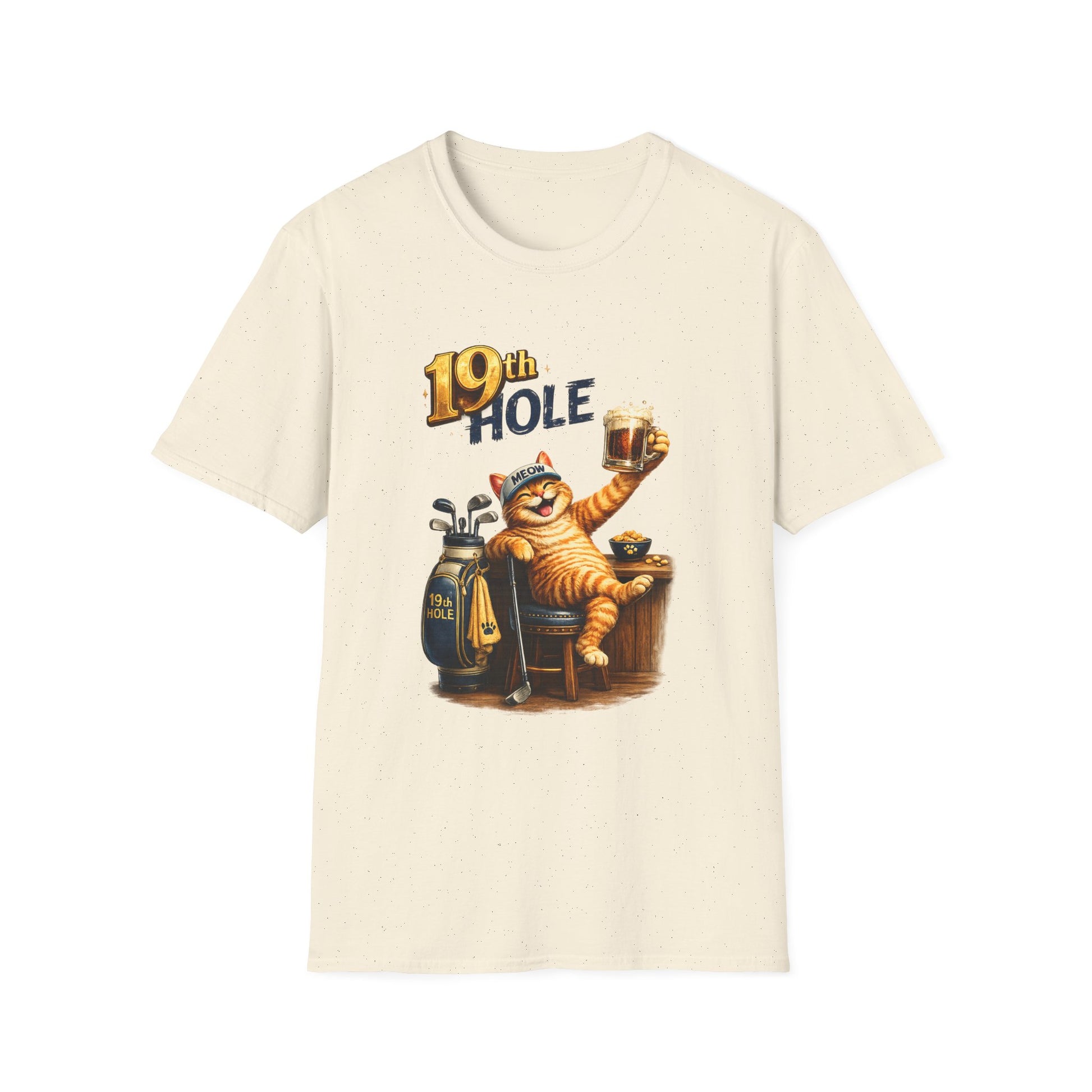 19th Hole funny cat golf T-shirt in natural with orange tabby golfer
