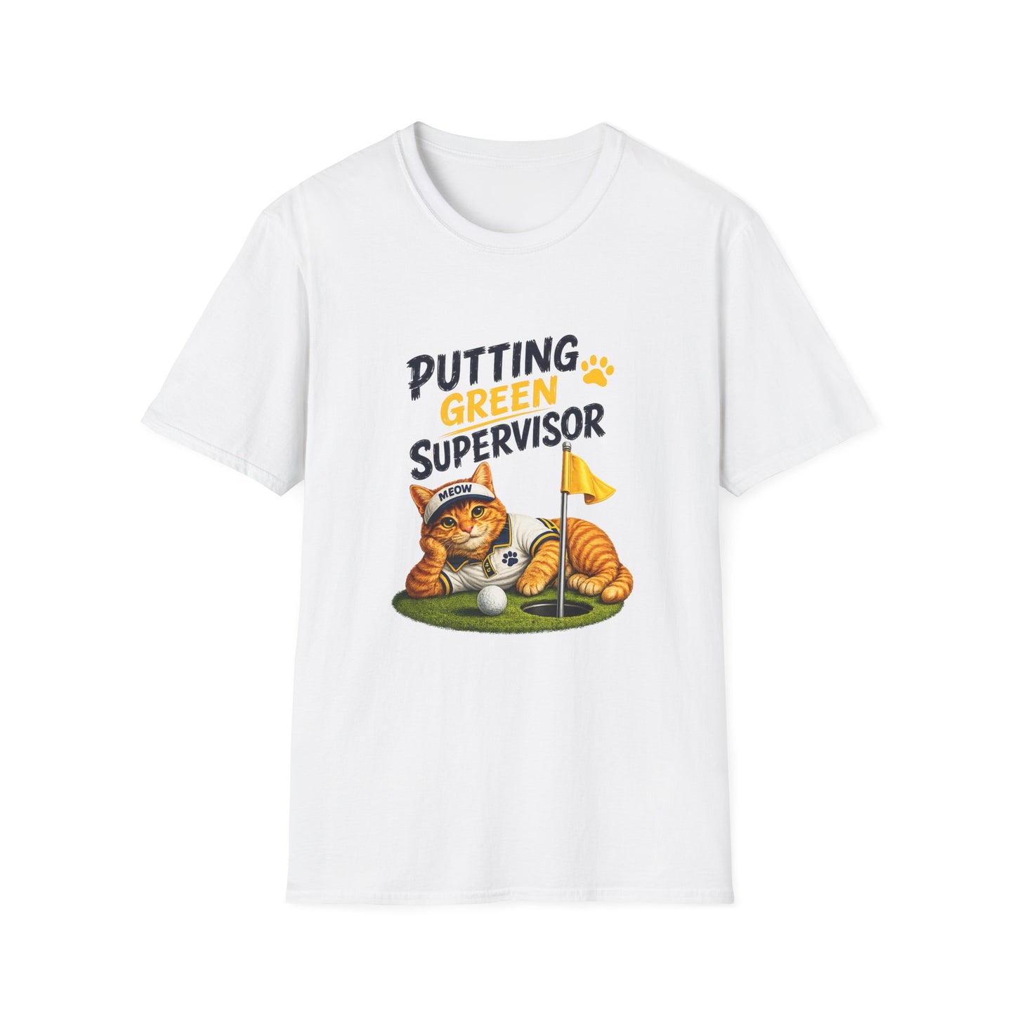 A white short-sleeve crewneck t-shirt featuring a cartoon graphic of an orange tabby cat dressed as a golf supervisor, lying down next to a golf ball and flag on a green putting green, with the text 'PUTTING GREEN SUPERVISOR'.