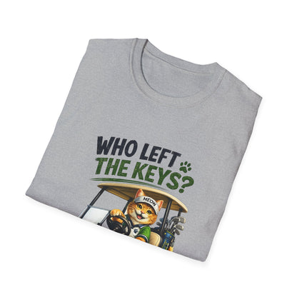 A heather gray short-sleeve crewneck t-shirt featuring a cartoon graphic of a cat driving a green golf cart with the text 'WHO LEFT THE KEYS?' printed on the chest.