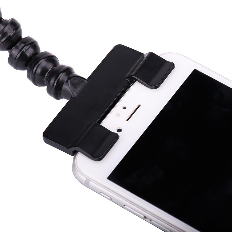 Phone holder with flexible arm attached to a smartphone on a white background