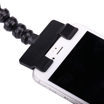 Phone holder with flexible arm attached to a smartphone on a white background